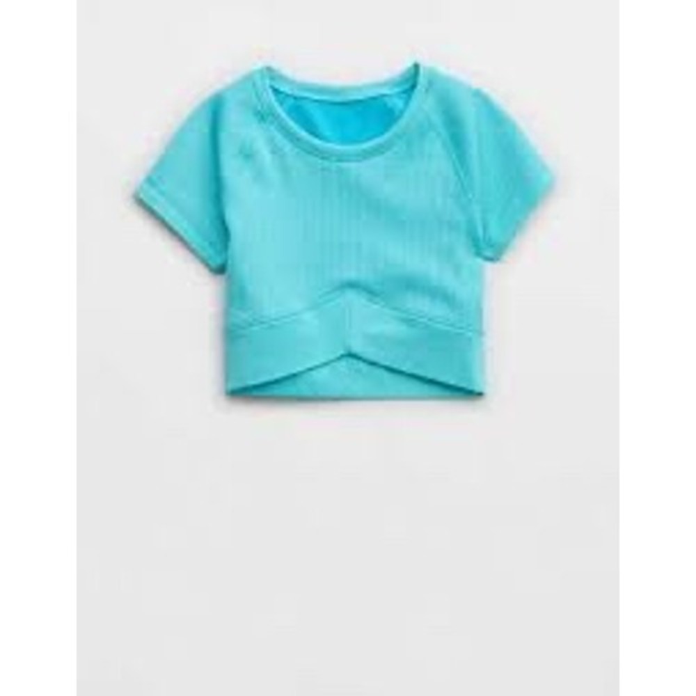 OFFLINE by Aerie Seamless Ribbed Crossover Crop Top Aqua Blue Short Sleeve M